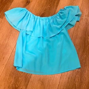Yumi Kim off the shoulder bright blue top